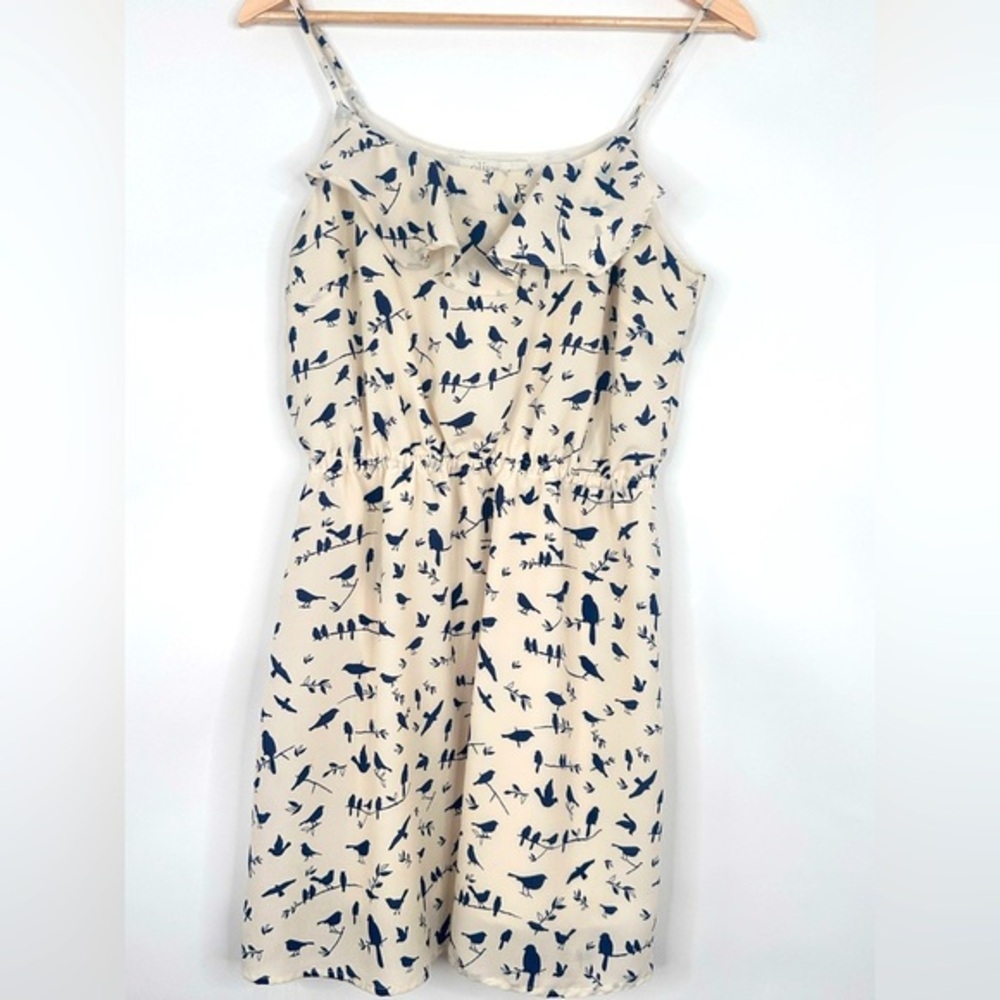 Olive Cream Navy Blue Bird Print Ruffle Mini Dress Adjustable Straps Lined Small